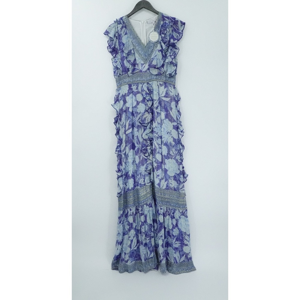 Just Bellina Dress Womens Medium Blue Metallic Ruffle Boho Maxi Chic‎ Boho Flowy